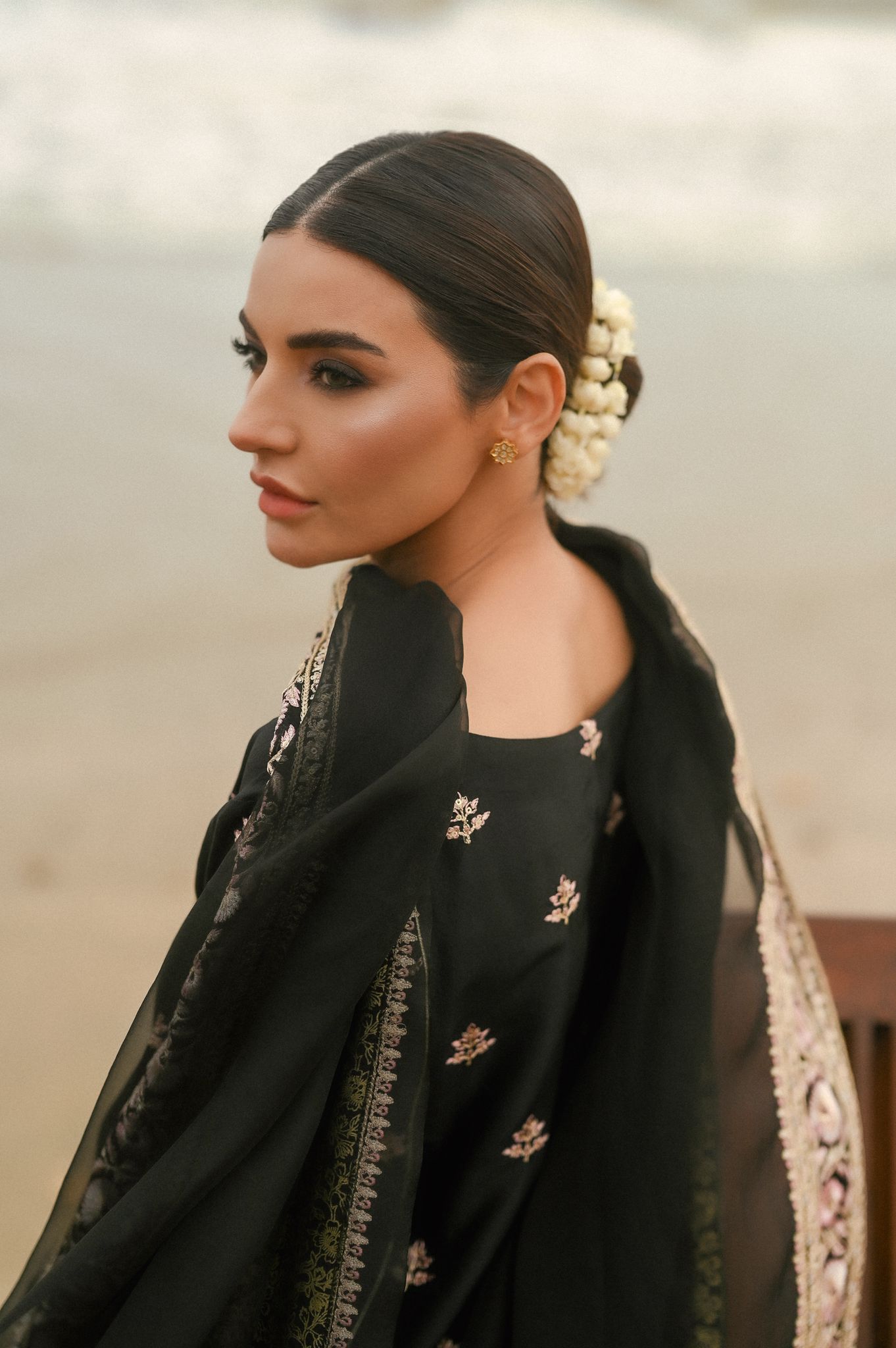 Pakistani Jet Black Zari Sequin Raw Silk Salwar Kameez (3-Piece) - Image 4