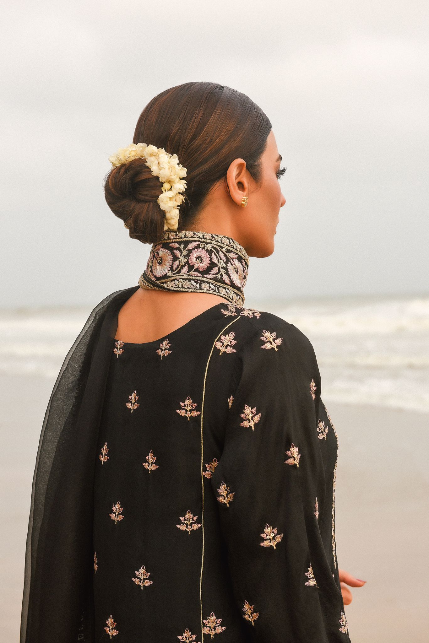 Pakistani Jet Black Zari Sequin Raw Silk Salwar Kameez (3-Piece) - Image 5