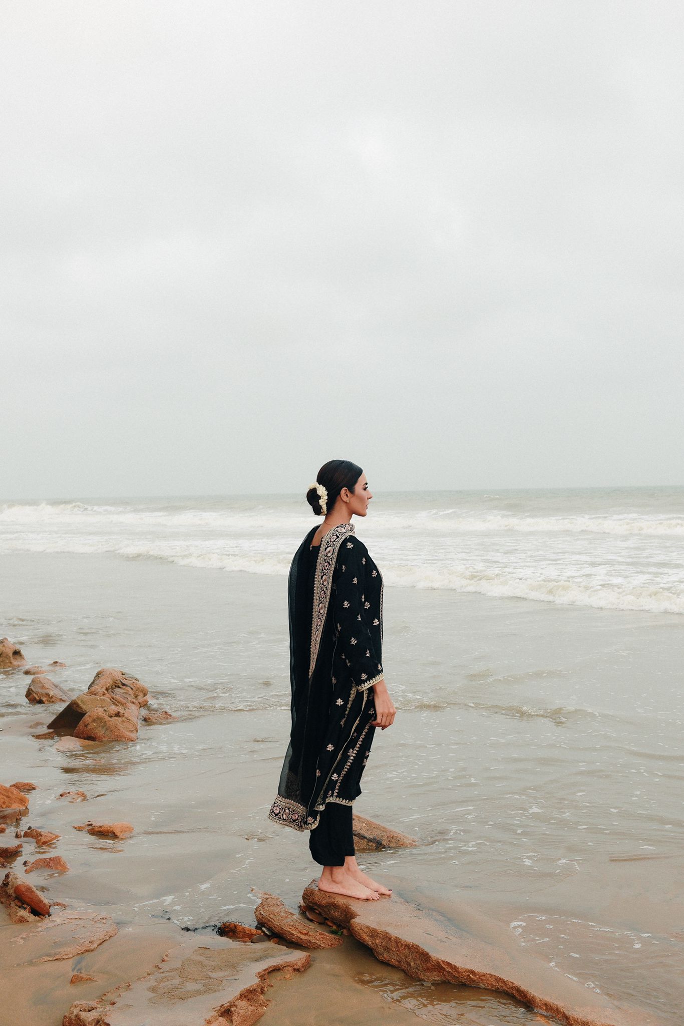 Pakistani Jet Black Zari Sequin Raw Silk Salwar Kameez (3-Piece) - Image 6