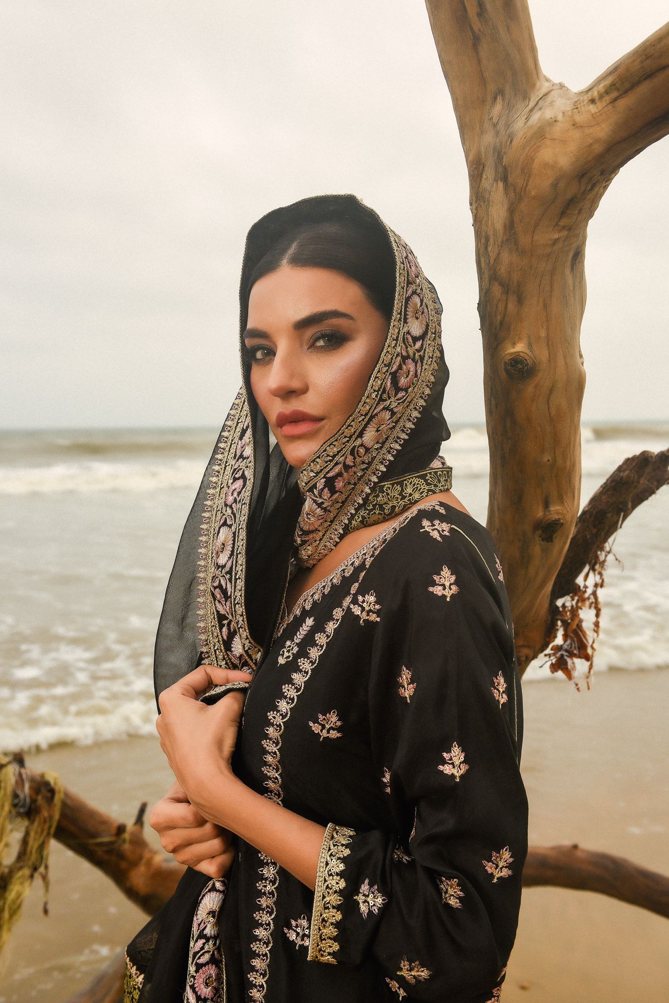 Pakistani Jet Black Zari Sequin Raw Silk Salwar Kameez (3-Piece) - Image 7