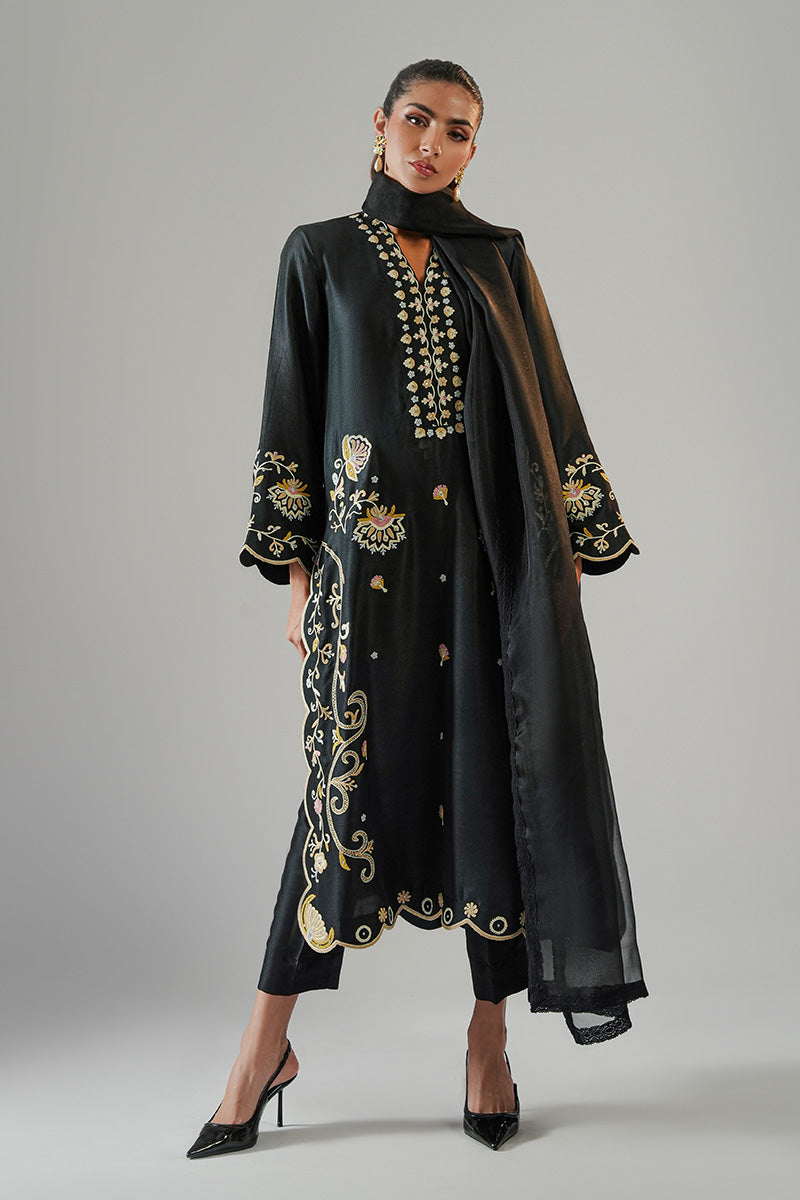 Pakistani Black Aari Embroidered Pure Rawsilk Salwar Kameez (3-Piece) - Image 1