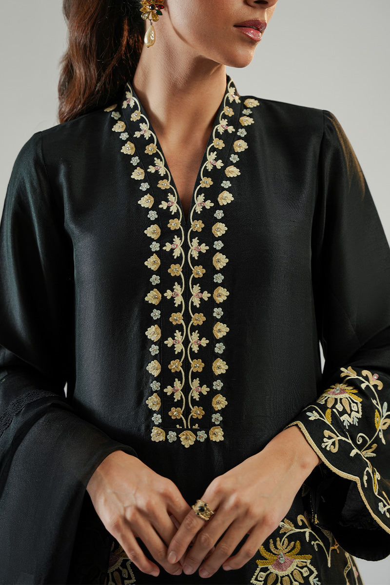 Pakistani Black Aari Embroidered Pure Rawsilk Salwar Kameez (3-Piece) - Image 2