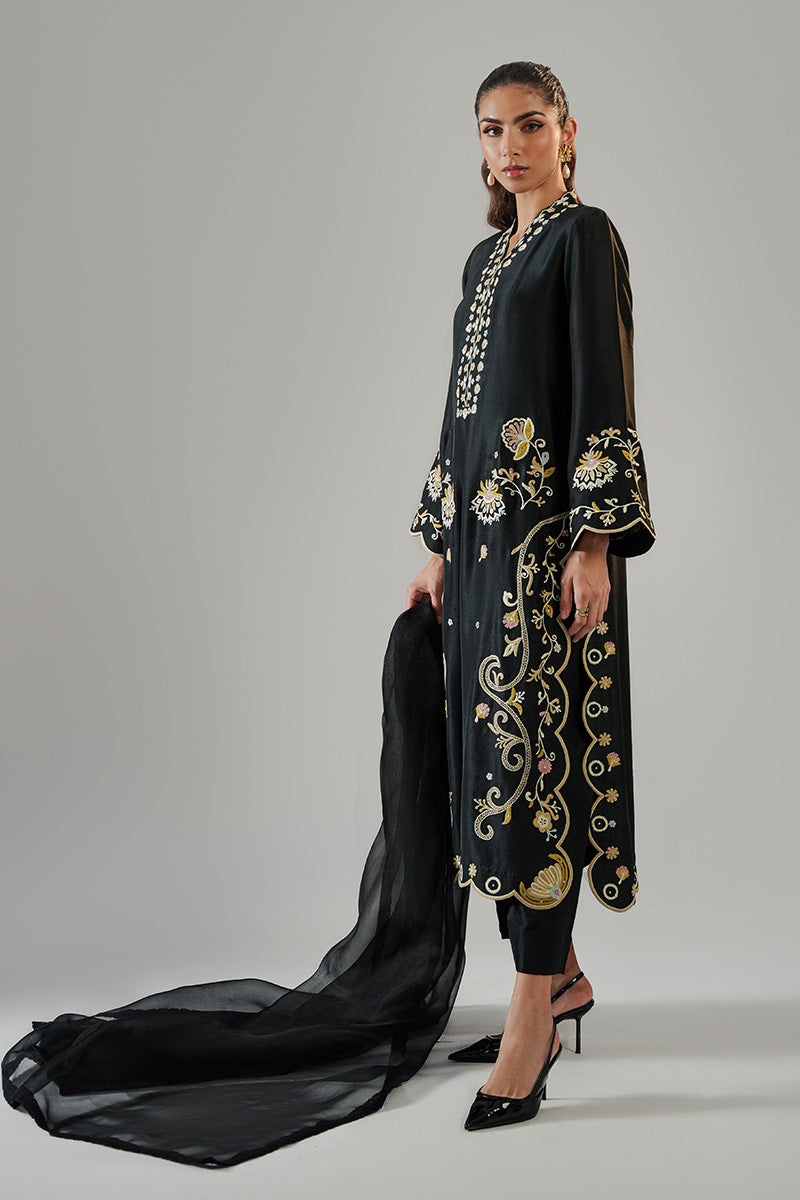 Pakistani Black Aari Embroidered Pure Rawsilk Salwar Kameez (3-Piece) - Image 3