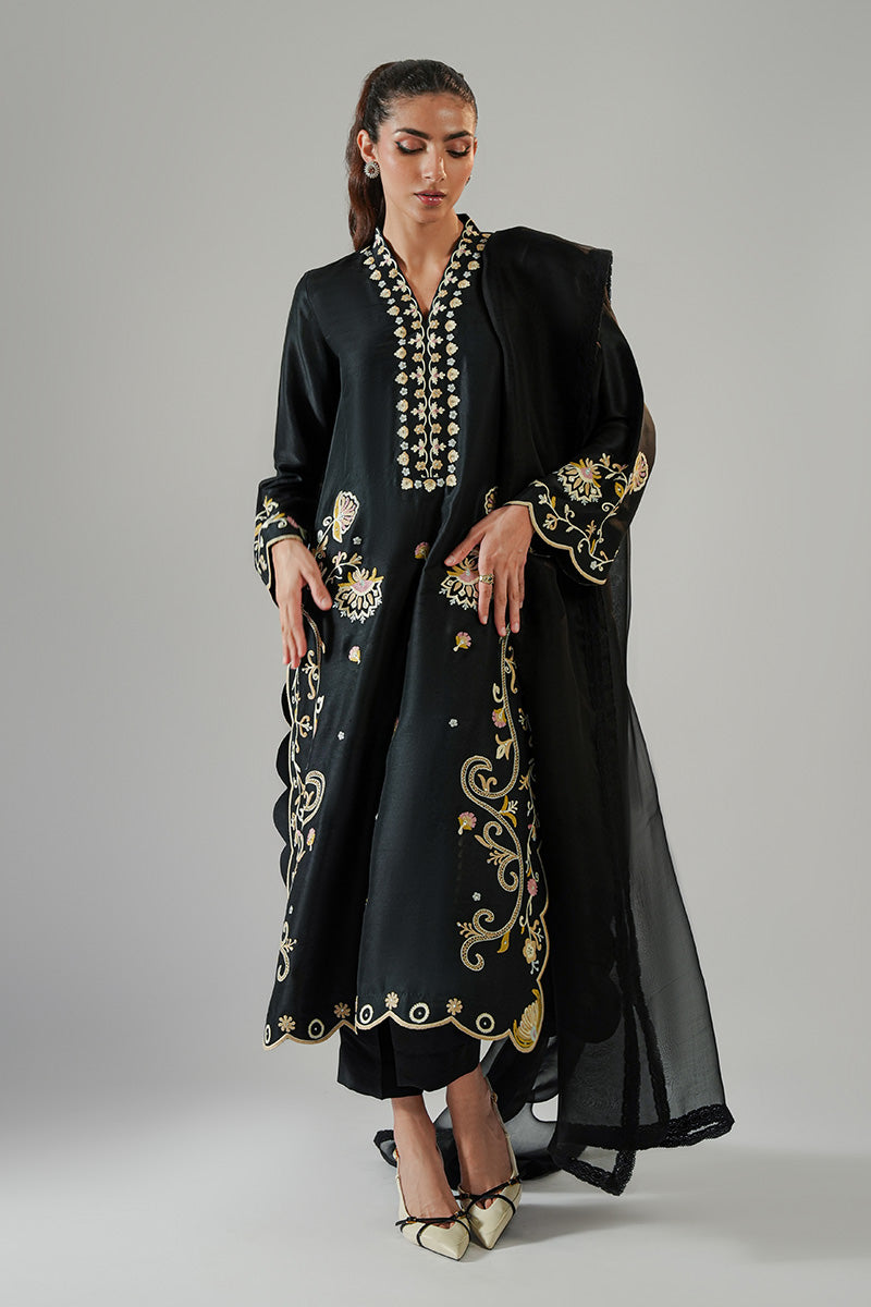Pakistani Black Aari Embroidered Pure Rawsilk Salwar Kameez (3-Piece) - Image 5