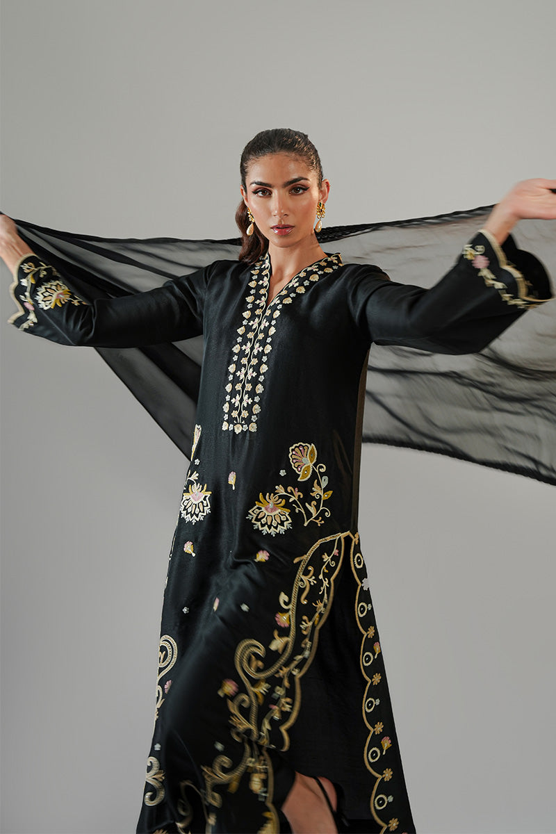 Pakistani Black Aari Embroidered Pure Rawsilk Salwar Kameez (3-Piece) - Image 6