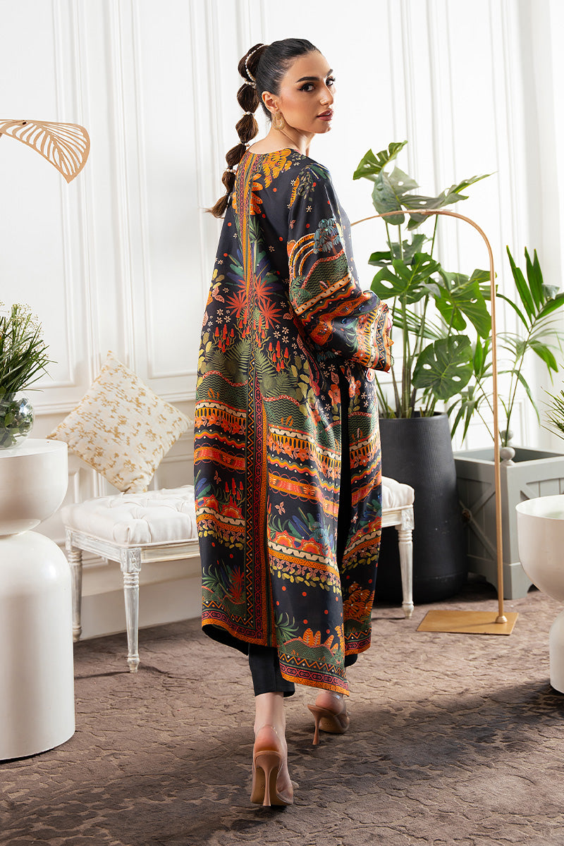 Black Jungle Print Sequin Rawsilk Long Shirt (2-Piece) - Image 2