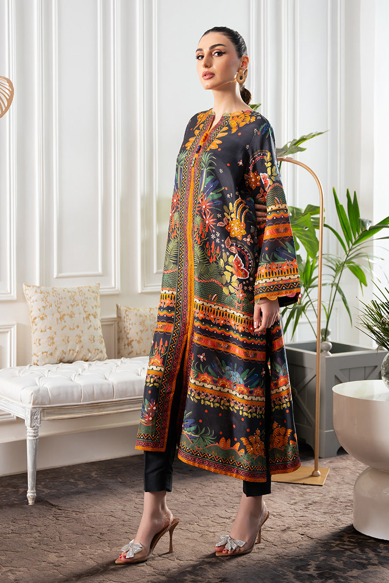 Black Jungle Print Sequin Rawsilk Long Shirt (2-Piece) - Image 4