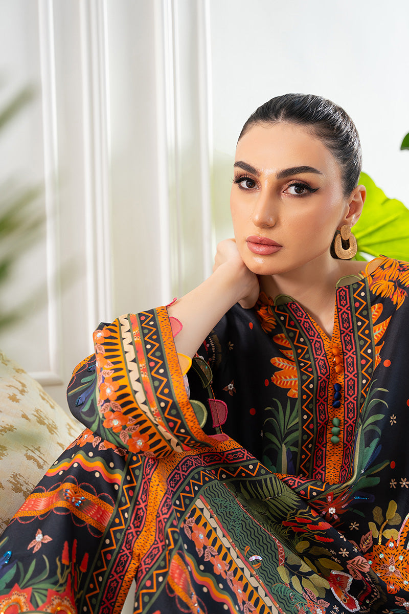 Black Jungle Print Sequin Rawsilk Long Shirt (2-Piece) - Image 5