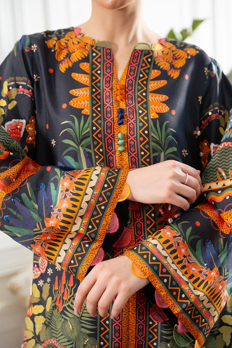 Black Jungle Print Sequin Rawsilk Long Shirt (2-Piece) - Image 3