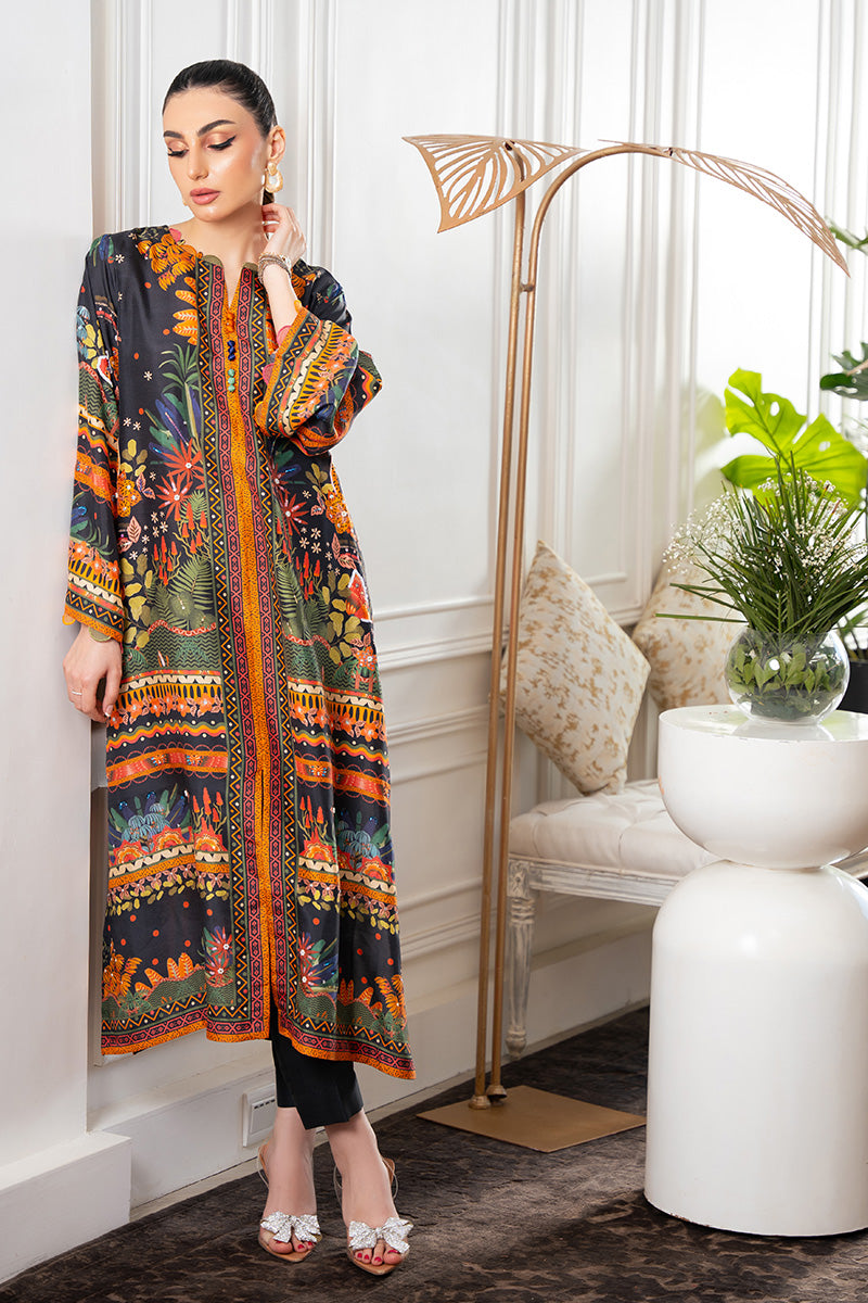 Black Jungle Print Sequin Rawsilk Long Shirt (2-Piece) - Image 5