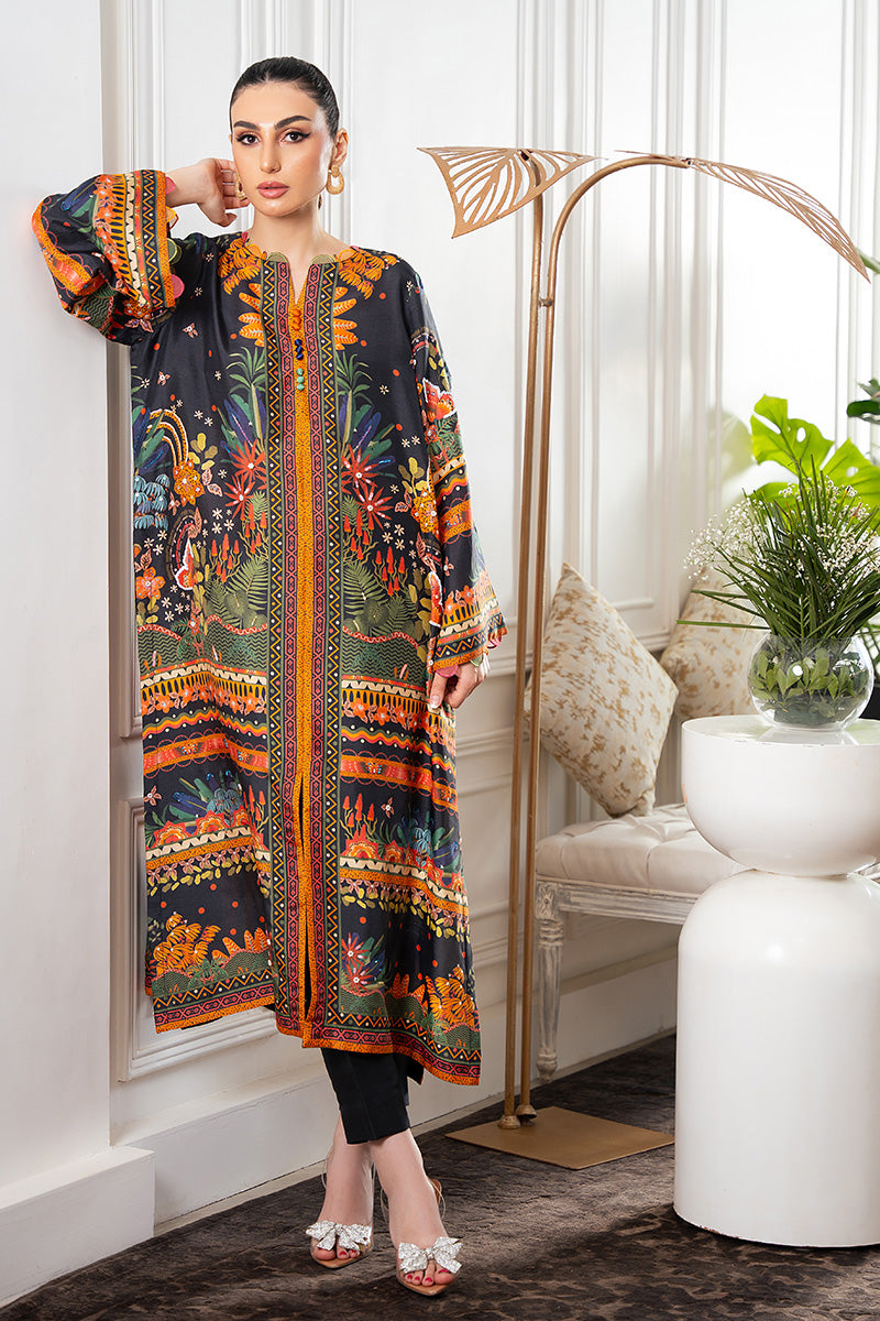 Black Jungle Print Sequin Rawsilk Long Shirt (2-Piece) - Image 7