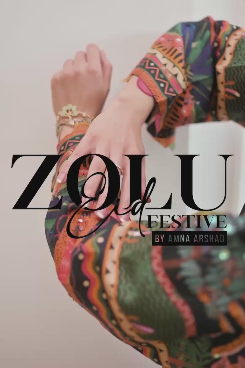 Black Jungle Print Sequin Rawsilk Long Shirt (2-Piece) - Image 8