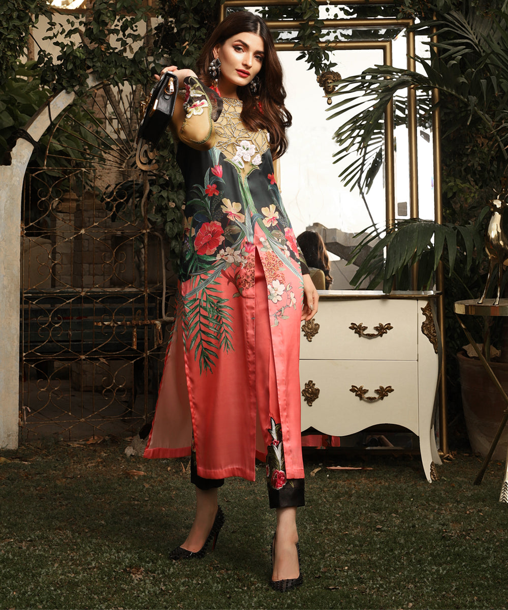 Black and Coral Floral Satin Salwar Kameez (2-Piece) - Image 1