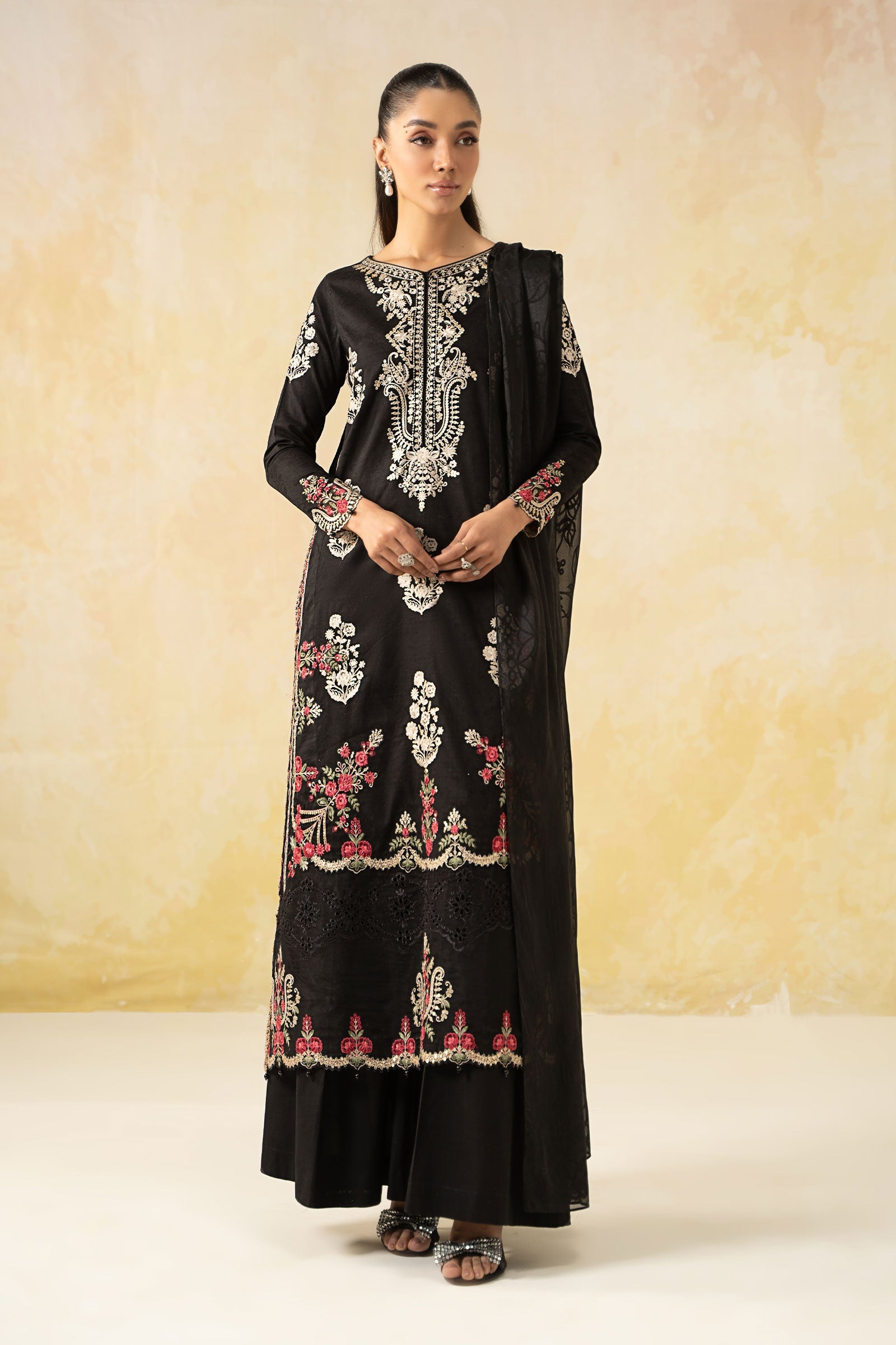 Pakistani Black Embroidered Self Jacquard Lawn Suit (3-Piece) - Image 1