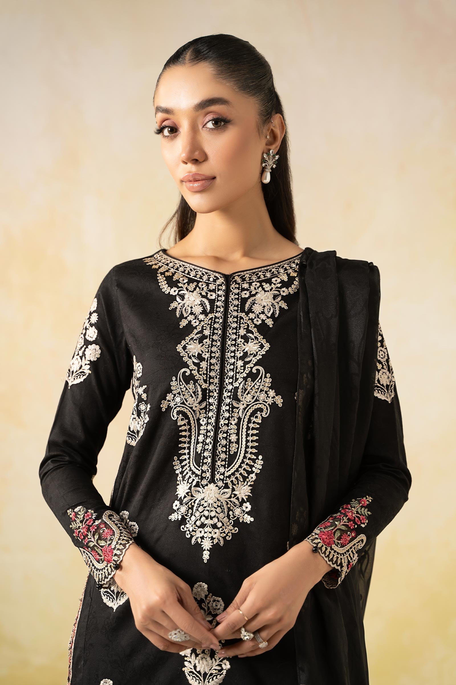Pakistani Black Embroidered Self Jacquard Lawn Suit (3-Piece) - Image 2
