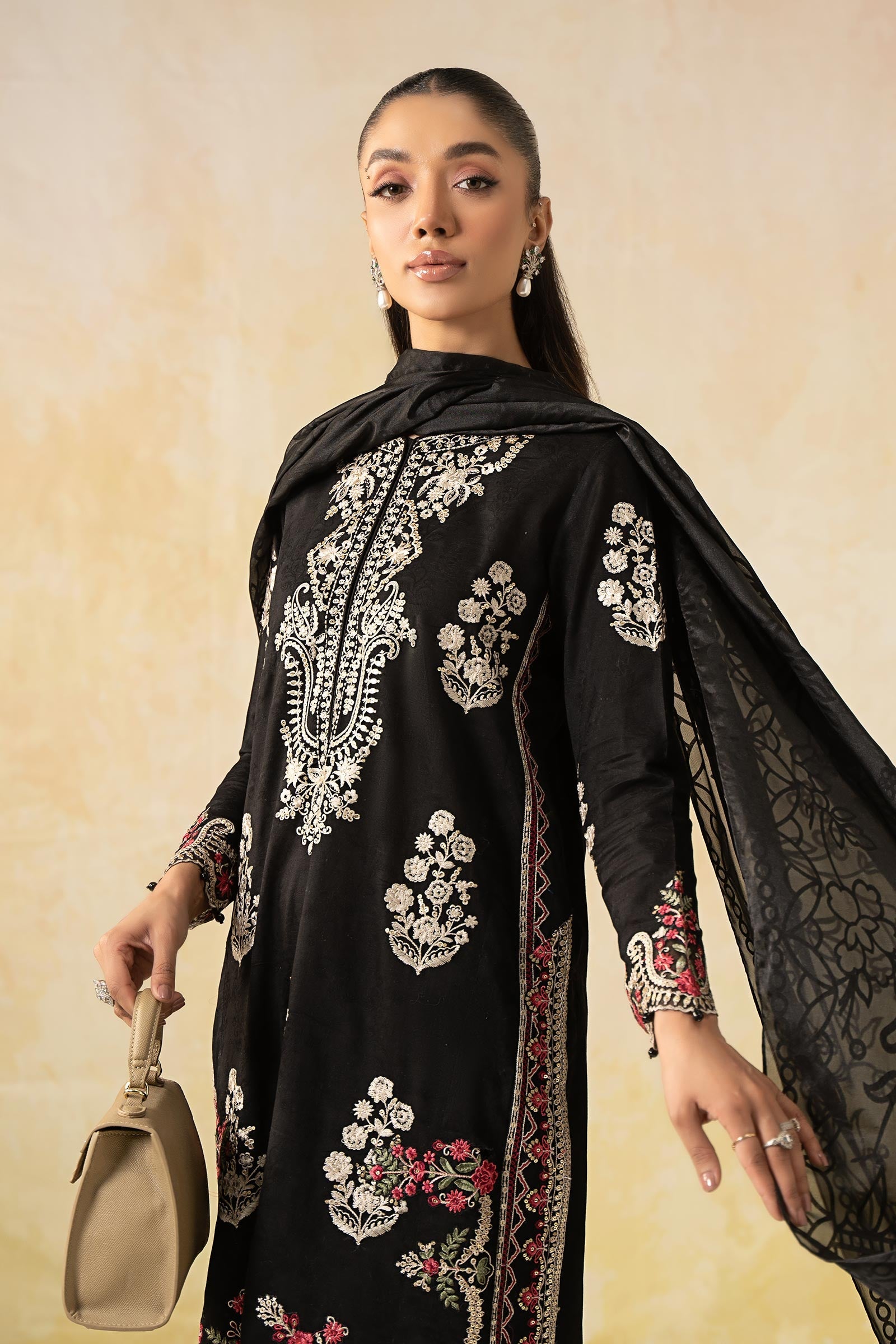 Pakistani Black Embroidered Self Jacquard Lawn Suit (3-Piece) - Image 3