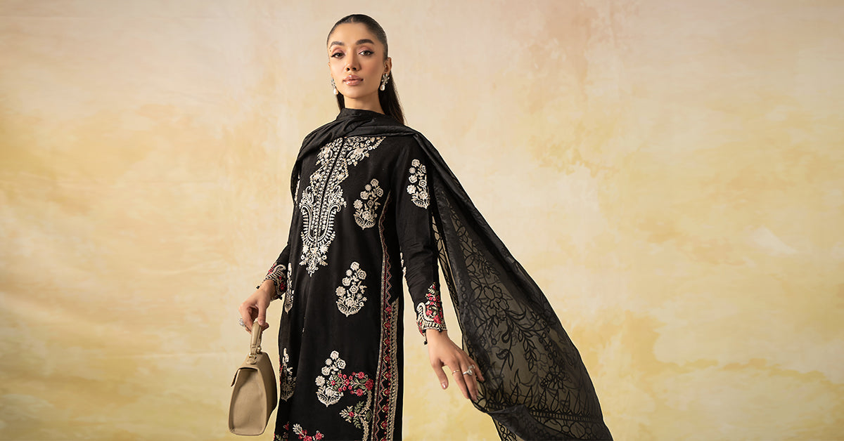 Pakistani Black Embroidered Self Jacquard Lawn Suit (3-Piece) - Image 7