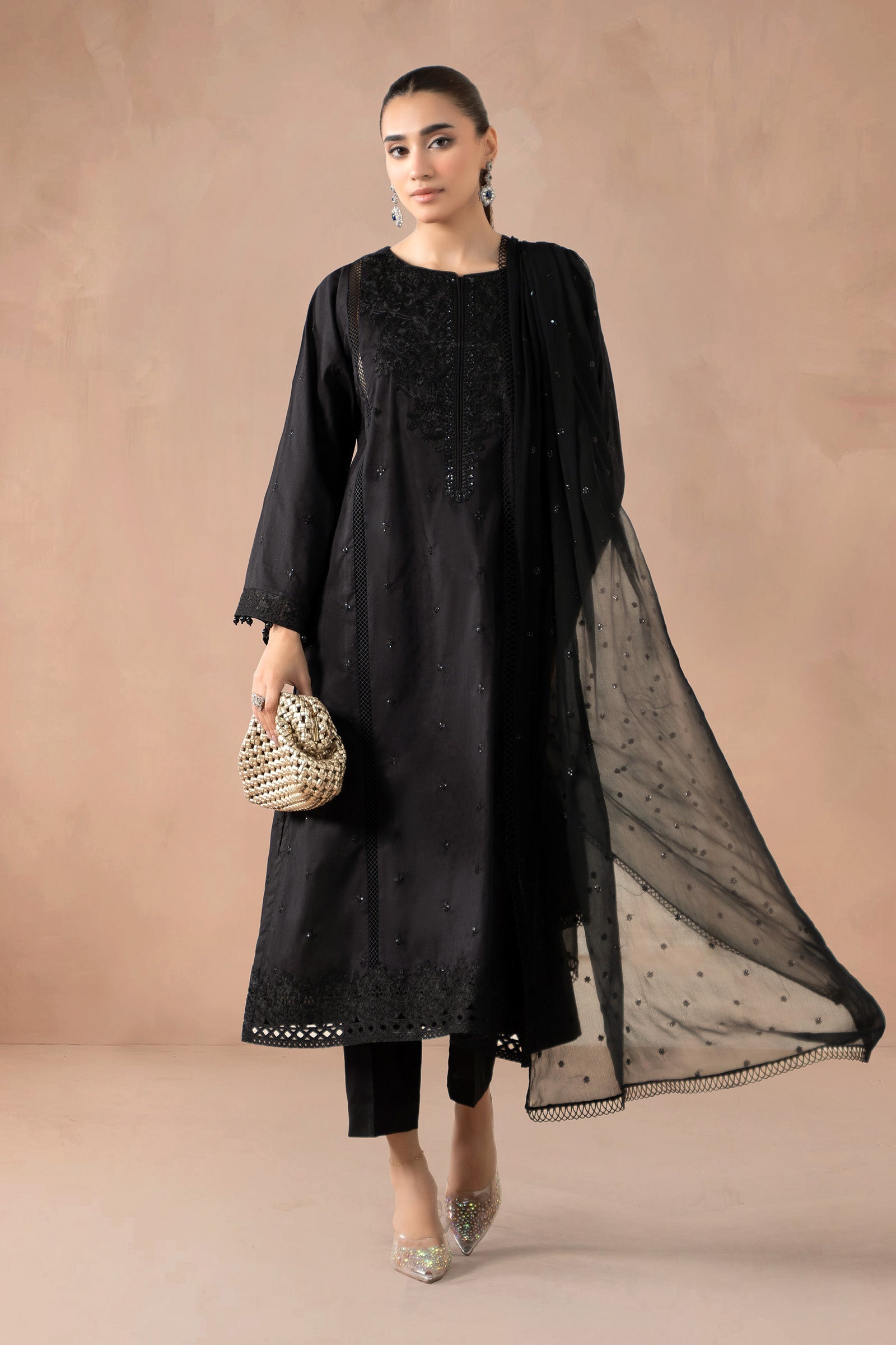 Black Embroidered Self Jacquard 3-Piece Suit - Image 1