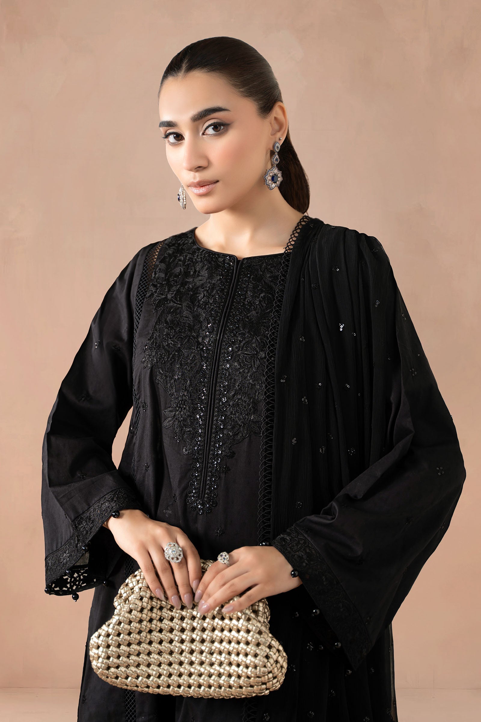 Black Embroidered Self Jacquard 3-Piece Suit - Image 2