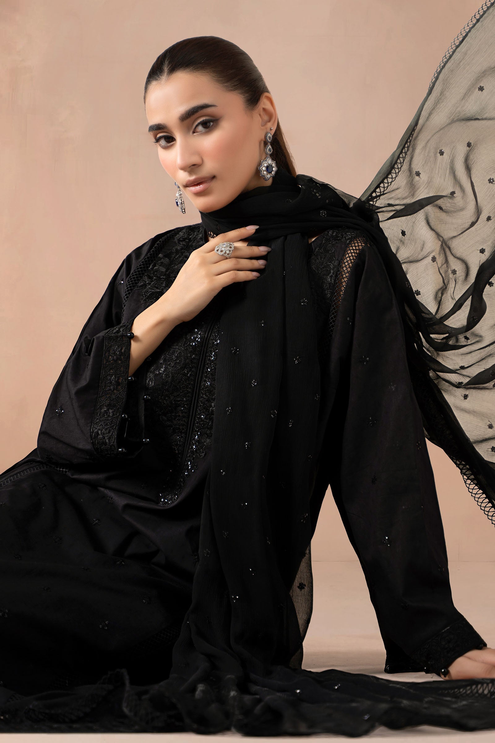 Black Embroidered Self Jacquard 3-Piece Suit - Image 3