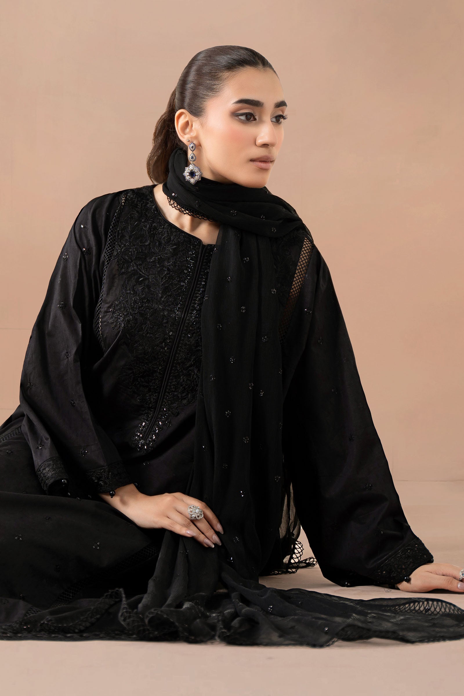 Black Embroidered Self Jacquard 3-Piece Suit - Image 4