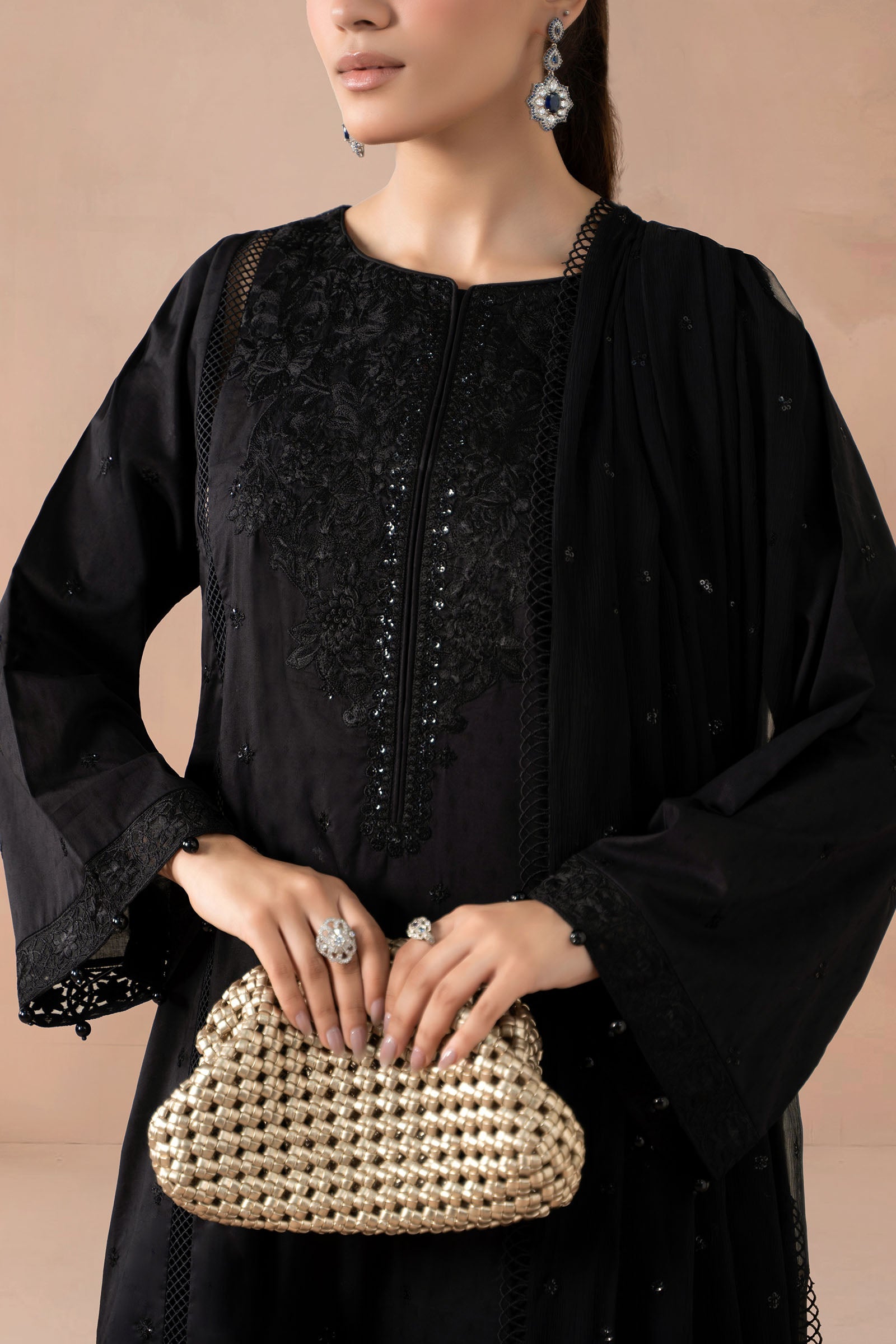 Black Embroidered Self Jacquard 3-Piece Suit - Image 5