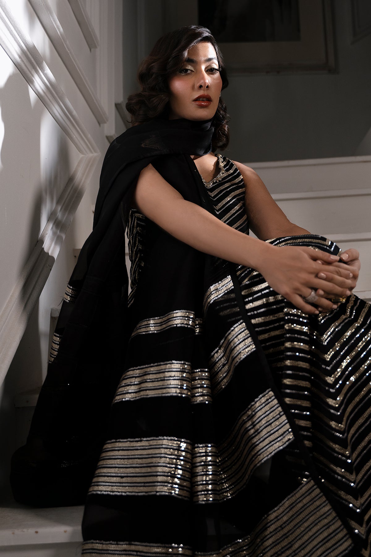 Pakistani Black Sequin Shamoz Silk Salwar Kameez (3-Piece) - Image 3