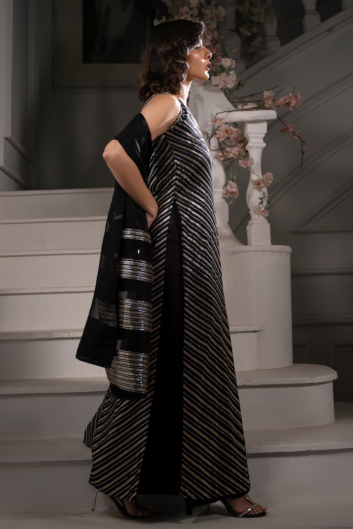 Pakistani Black Sequin Shamoz Silk Salwar Kameez (3-Piece) - Image 5