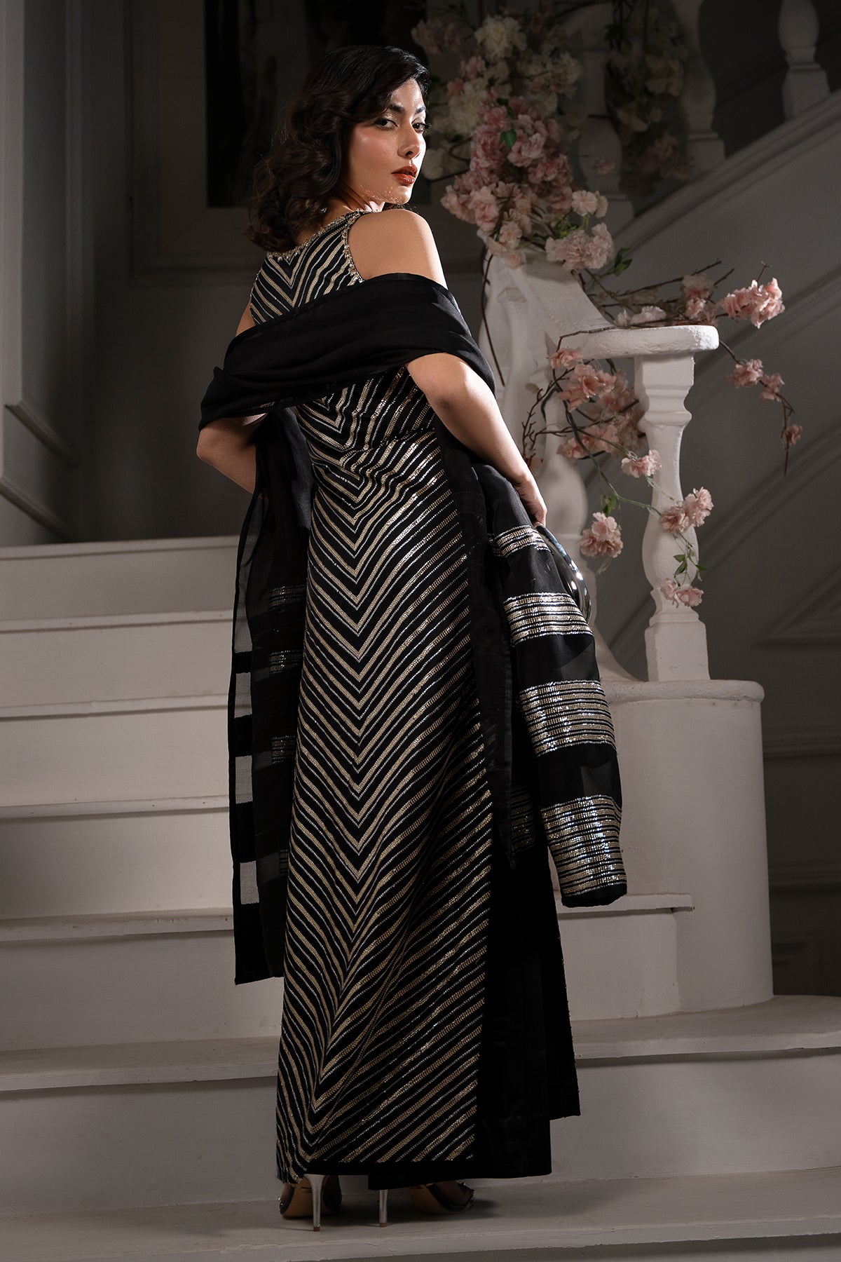 Pakistani Black Sequin Shamoz Silk Salwar Kameez (3-Piece) - Image 6