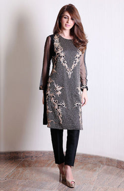 Pakistani Black Hand-Embroidered Sheer Net Salwar Kameez (3-Piece) - Image 1
