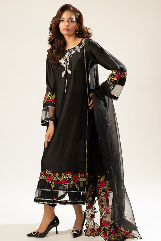 Pakistani Black Embroidered Sheesha Silk Salwar Kameez (3-Piece) - Image 1