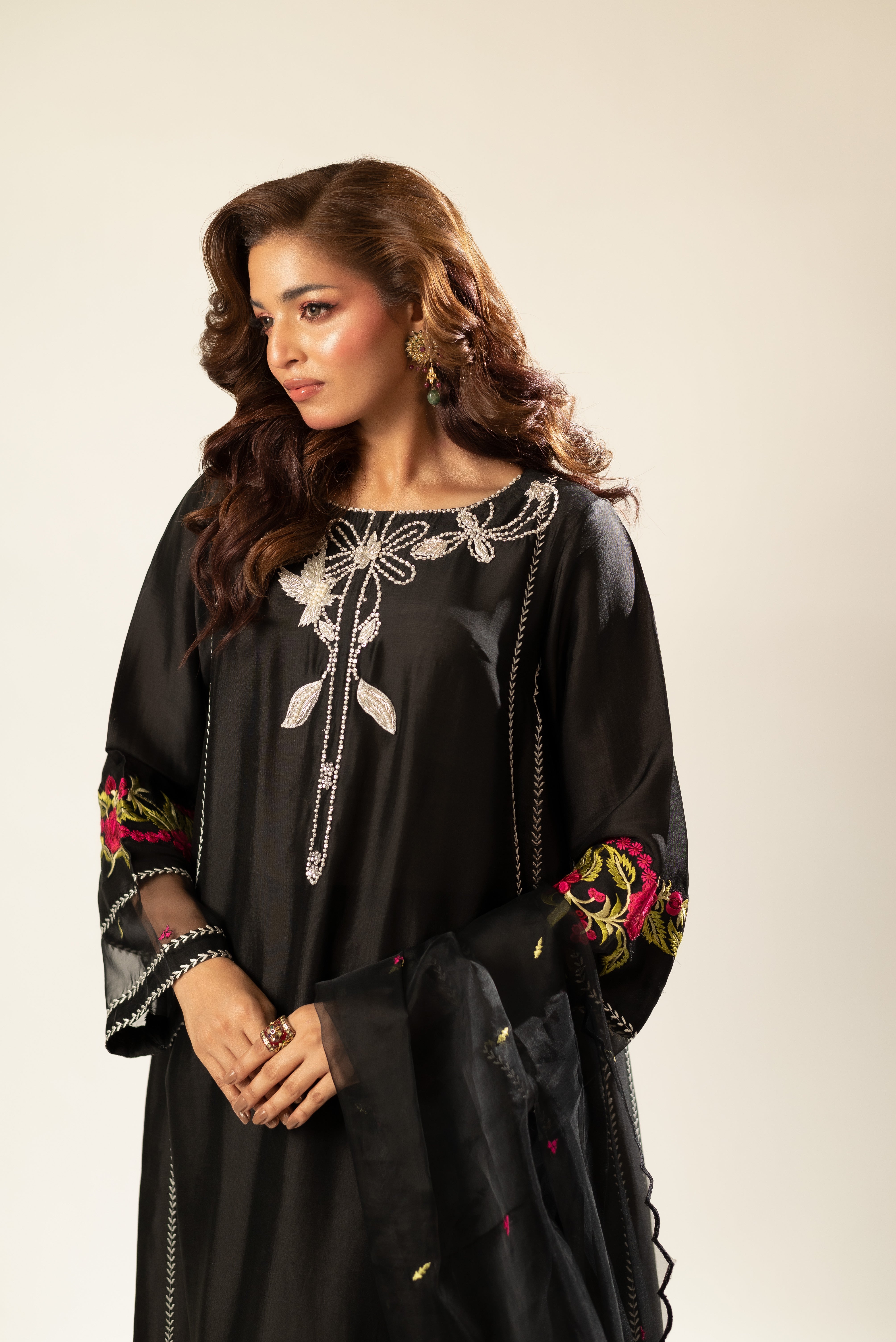 Pakistani Black Embroidered Sheesha Silk Salwar Kameez (3-Piece) - Image 2