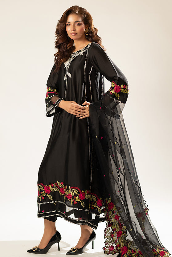 Pakistani Black Embroidered Sheesha Silk Salwar Kameez (3-Piece) - Image 3