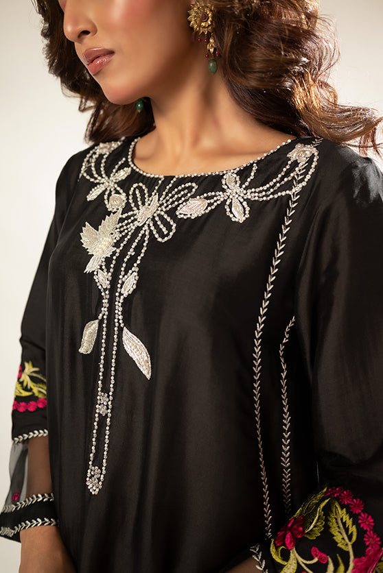 Pakistani Black Embroidered Sheesha Silk Salwar Kameez (3-Piece) - Image 5