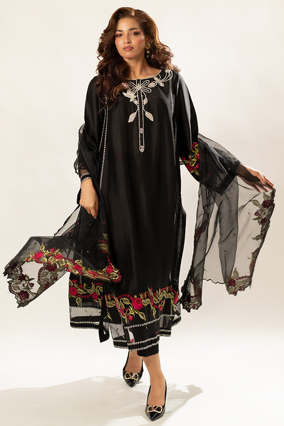 Pakistani Black Embroidered Sheesha Silk Salwar Kameez (3-Piece) - Image 6