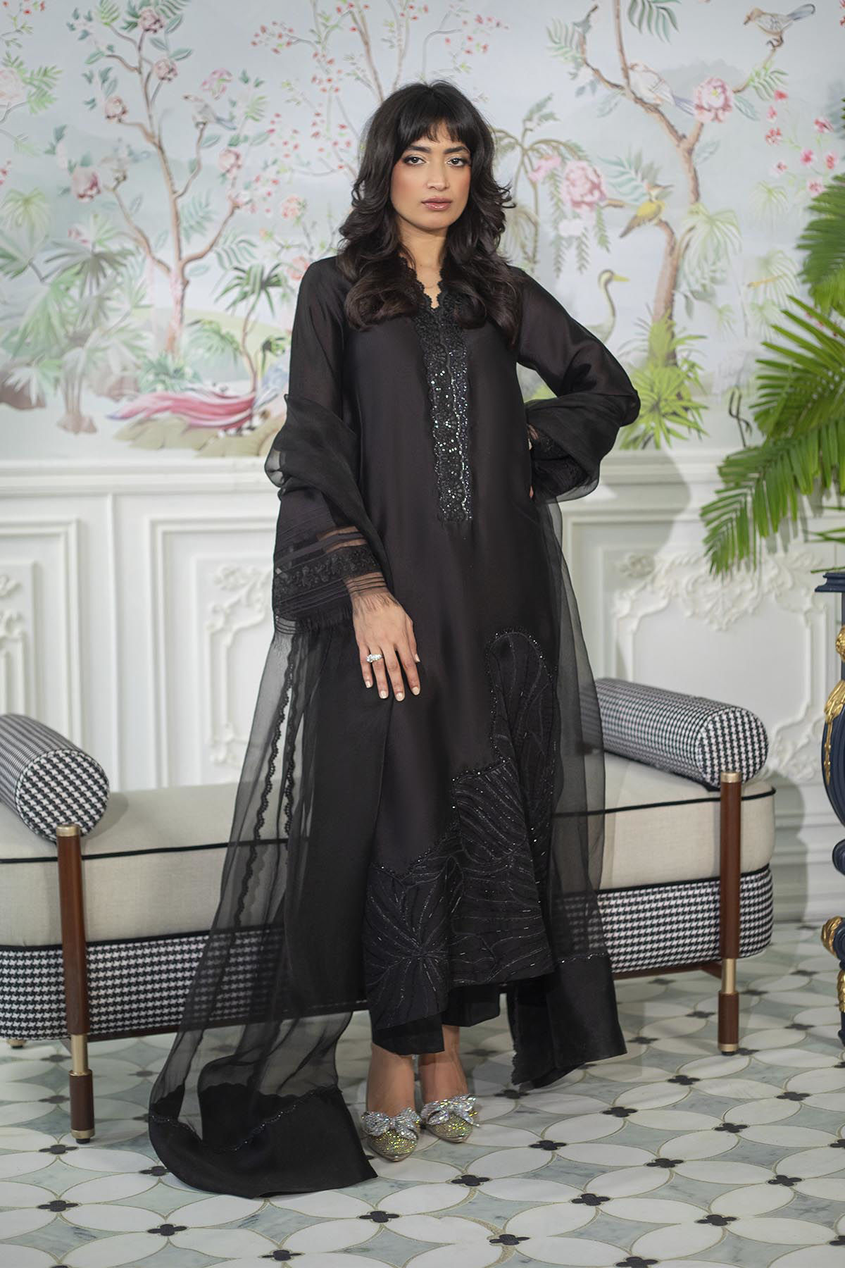 Pakistani Ebony Embroidered Shisha Silk Salwar Kameez (3-Piece) - Image 1