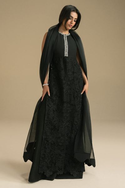 Black Cutwork Silk-Blend Salwar Kameez (3-Piece) - Image 1