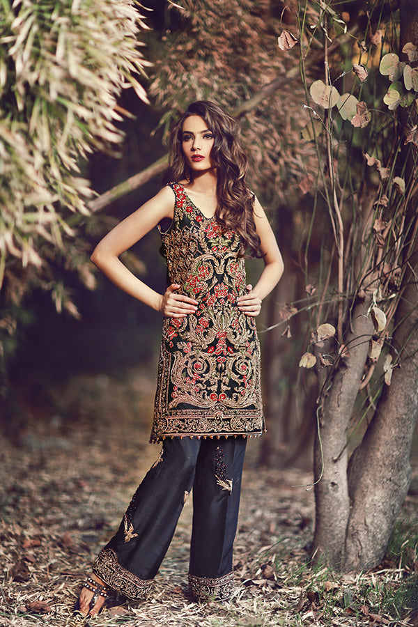 Pakistani Black Embroidered Silk-Blend Kurta Set (2-Piece) - Image 1