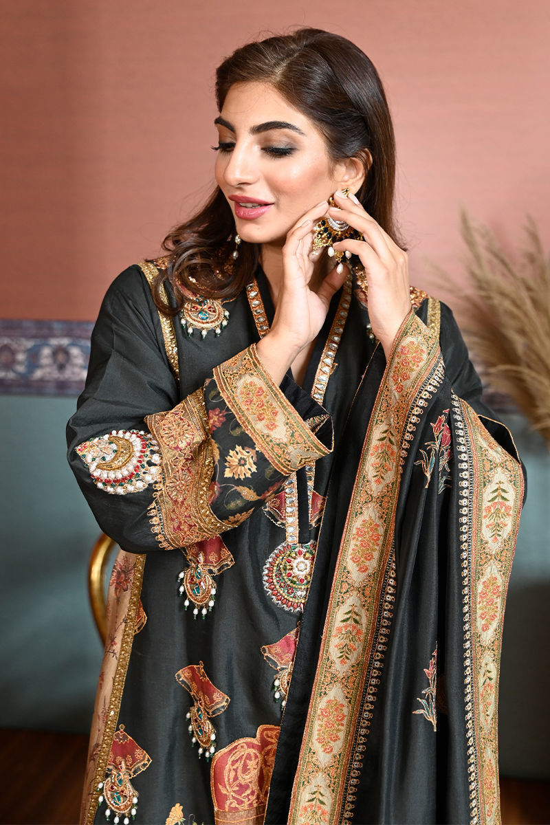 Black Mughal Print Embroidered Silk Straight Suit (3-Piece) - Image 2