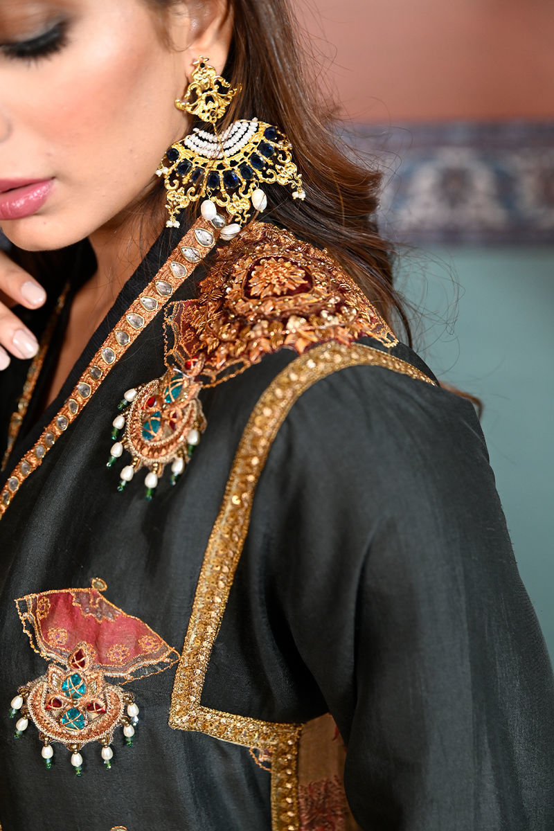 Black Mughal Print Embroidered Silk Straight Suit (3-Piece) - Image 3