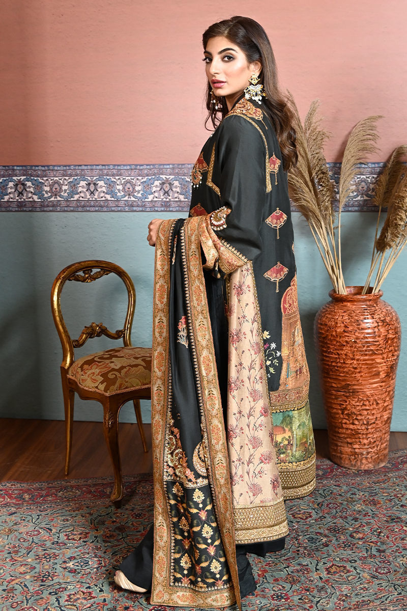Black Mughal Print Embroidered Silk Straight Suit (3-Piece) - Image 4