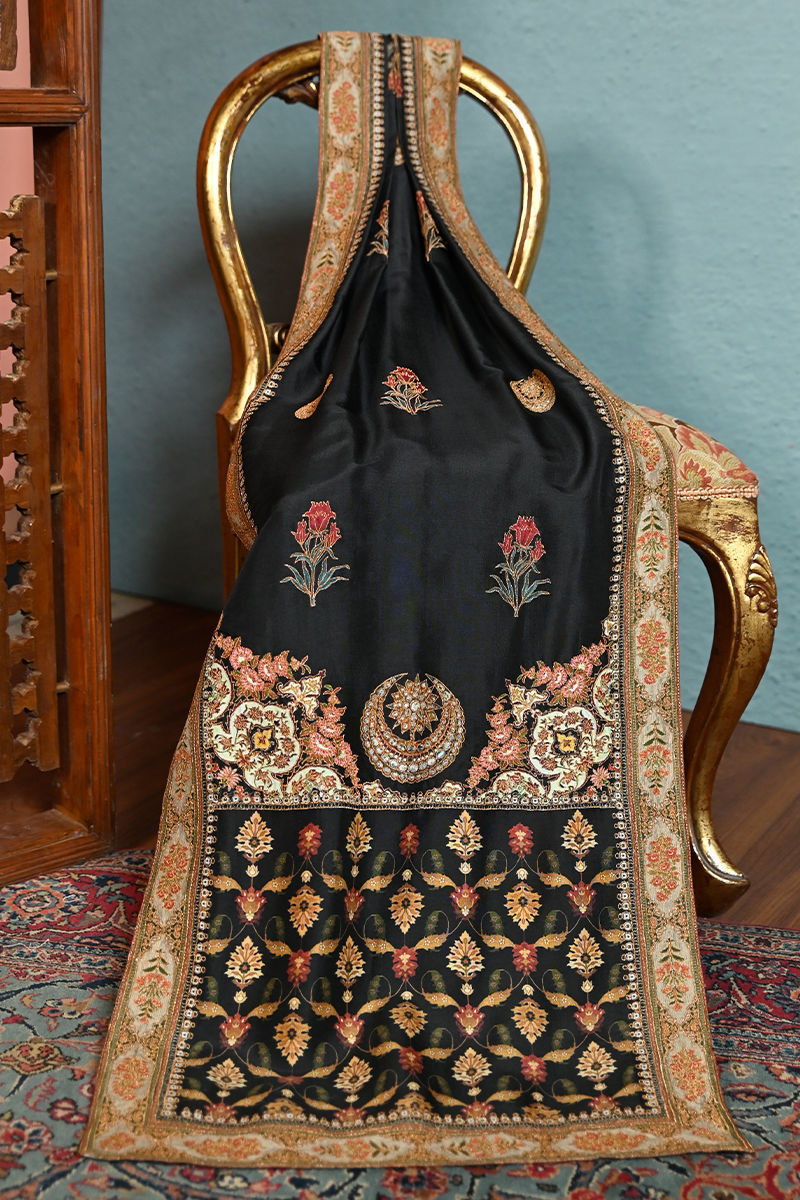 Black Mughal Print Embroidered Silk Straight Suit (3-Piece) - Image 6