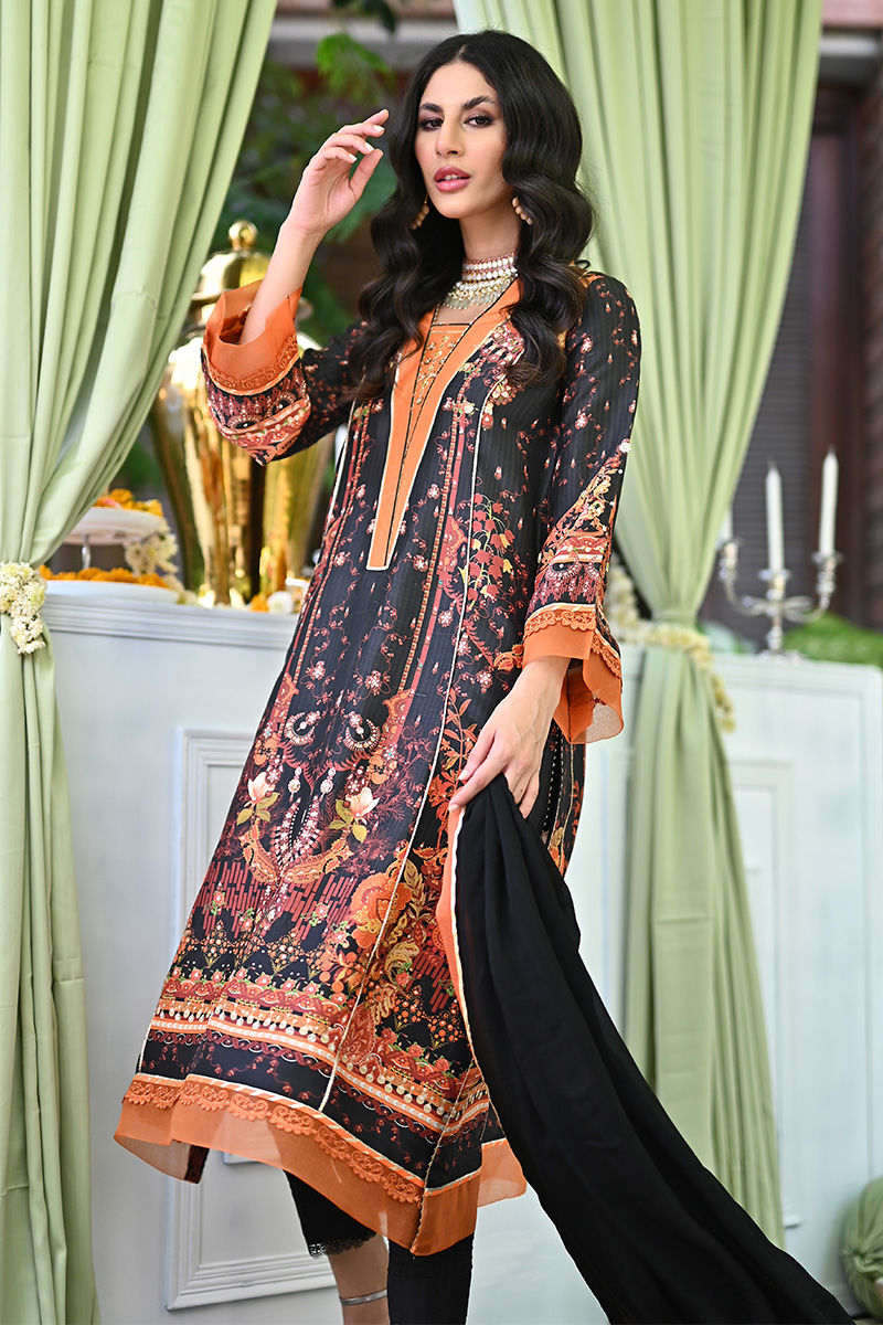 Black & Rust Embellished Pure Silk Salwar Kameez (3-Piece) - Image 1