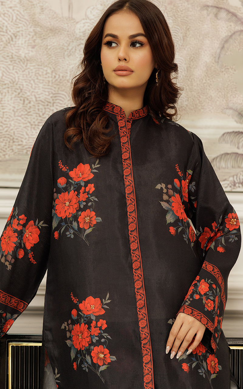 Pakistani Black Floral Print Silk Tunic (2-Piece) - Image 2