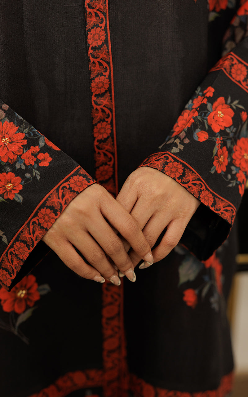 Pakistani Black Floral Print Silk Tunic (2-Piece) - Image 3