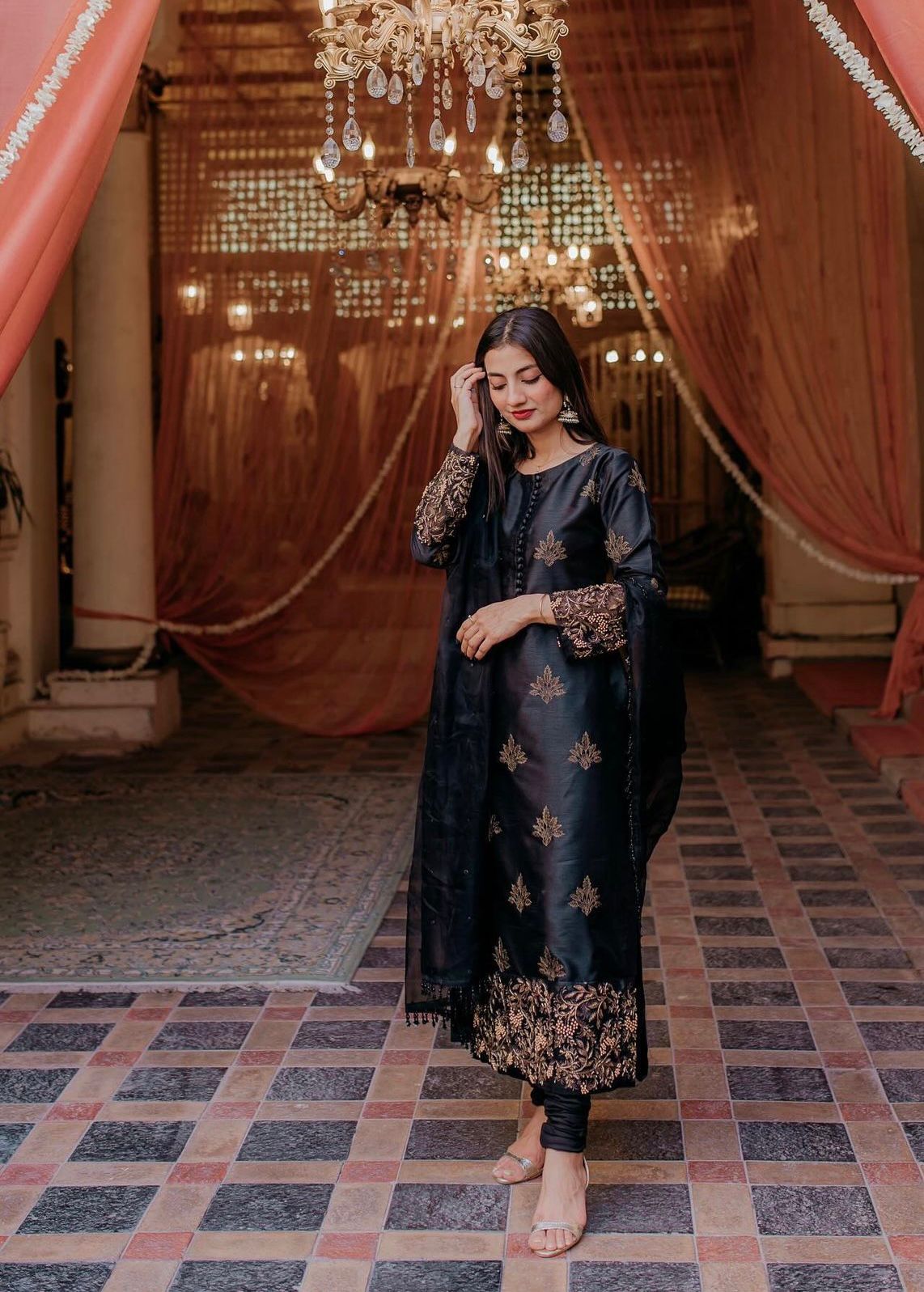 Black Embroidered Silk Salwar Kameez (3-Piece) - Image 4