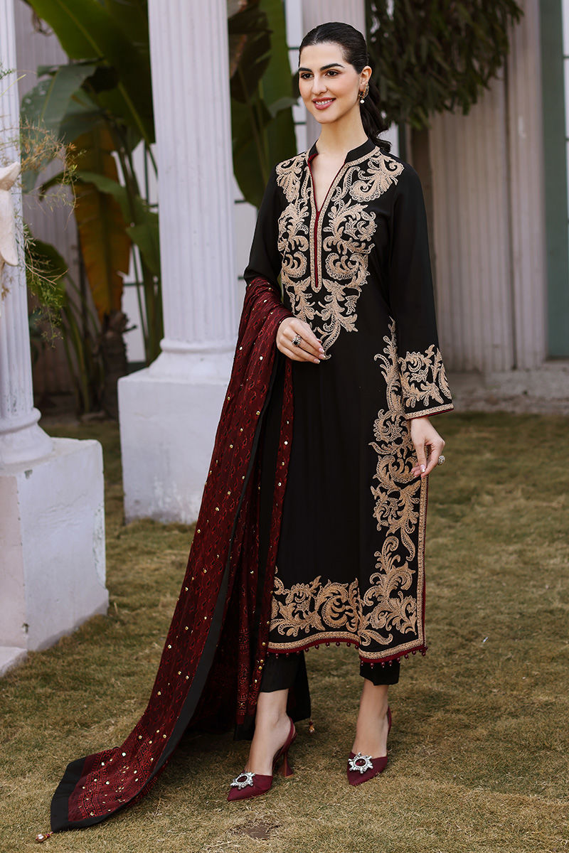 Black Embroidered Silk Salwar Kameez (3-Piece) - Image 1