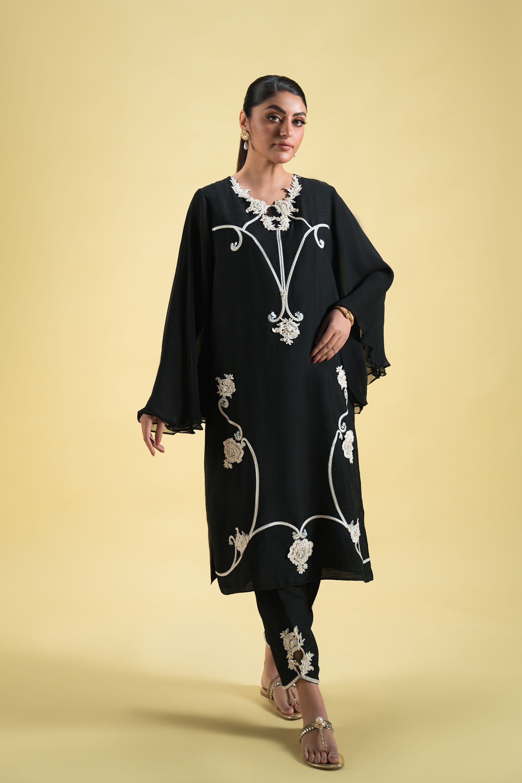 Black Embroidered Blended Silk Salwar Kameez (3-Piece) - Image 1