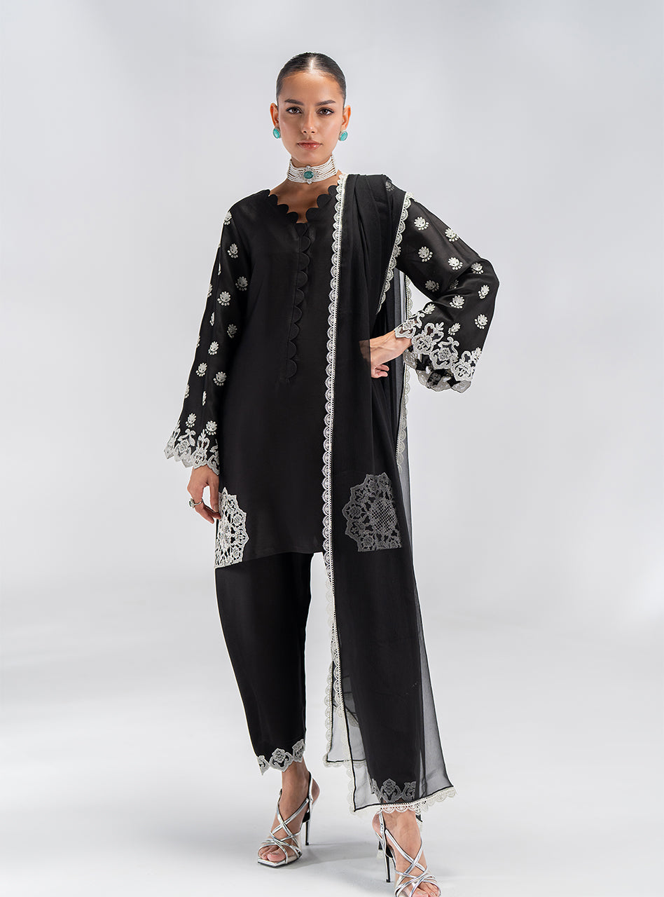 Black Embroidered Silk Salwar Kameez (3-Piece) - Image 1