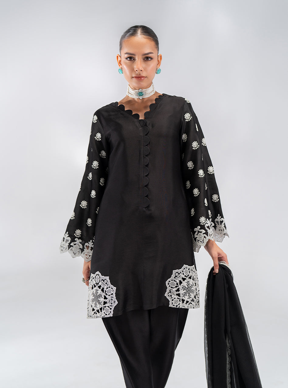 Black Embroidered Silk Salwar Kameez (3-Piece) - Image 10